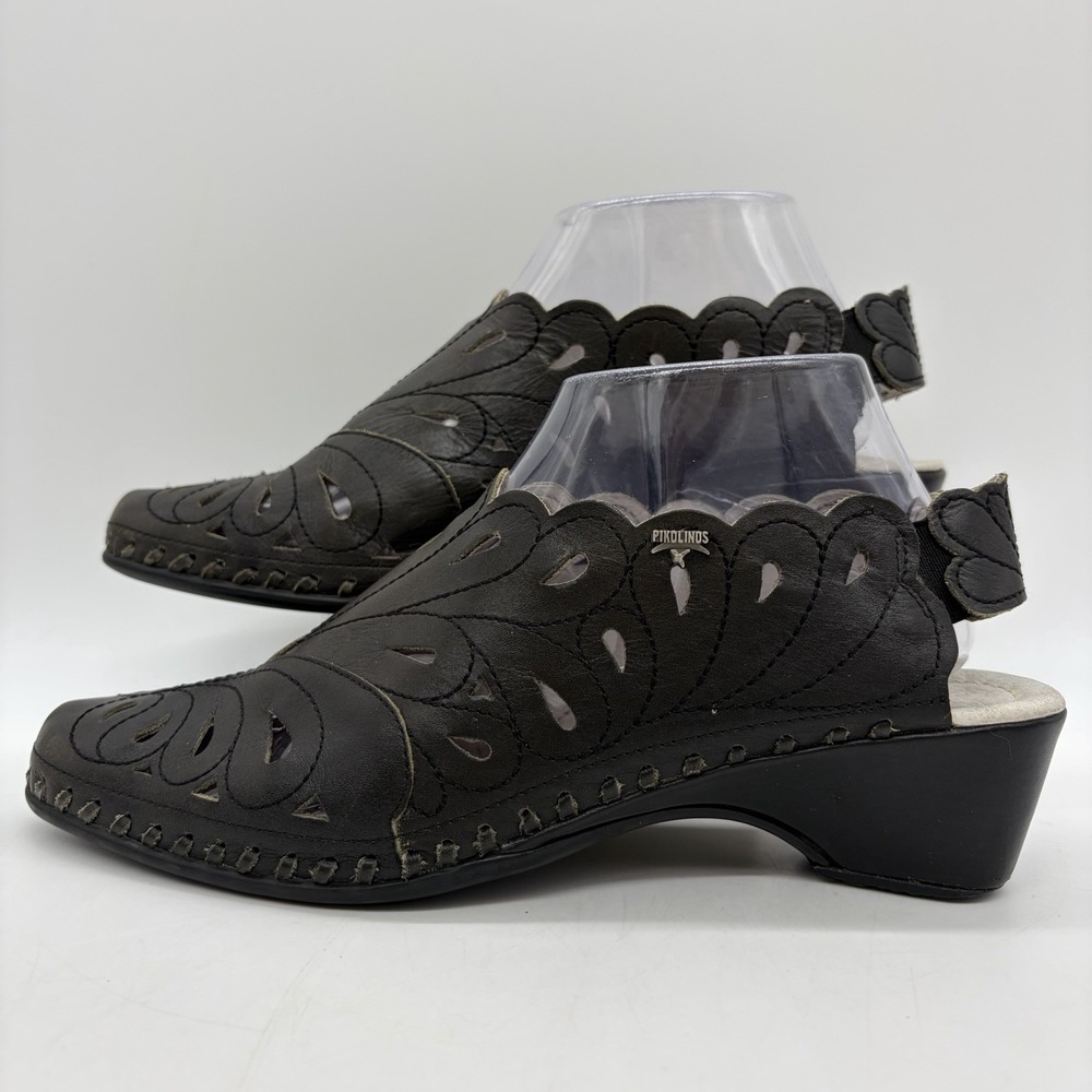 Pikolinos Womens 39/8.5 Sandals Black Leather Slingback Wedge Heel Cutout